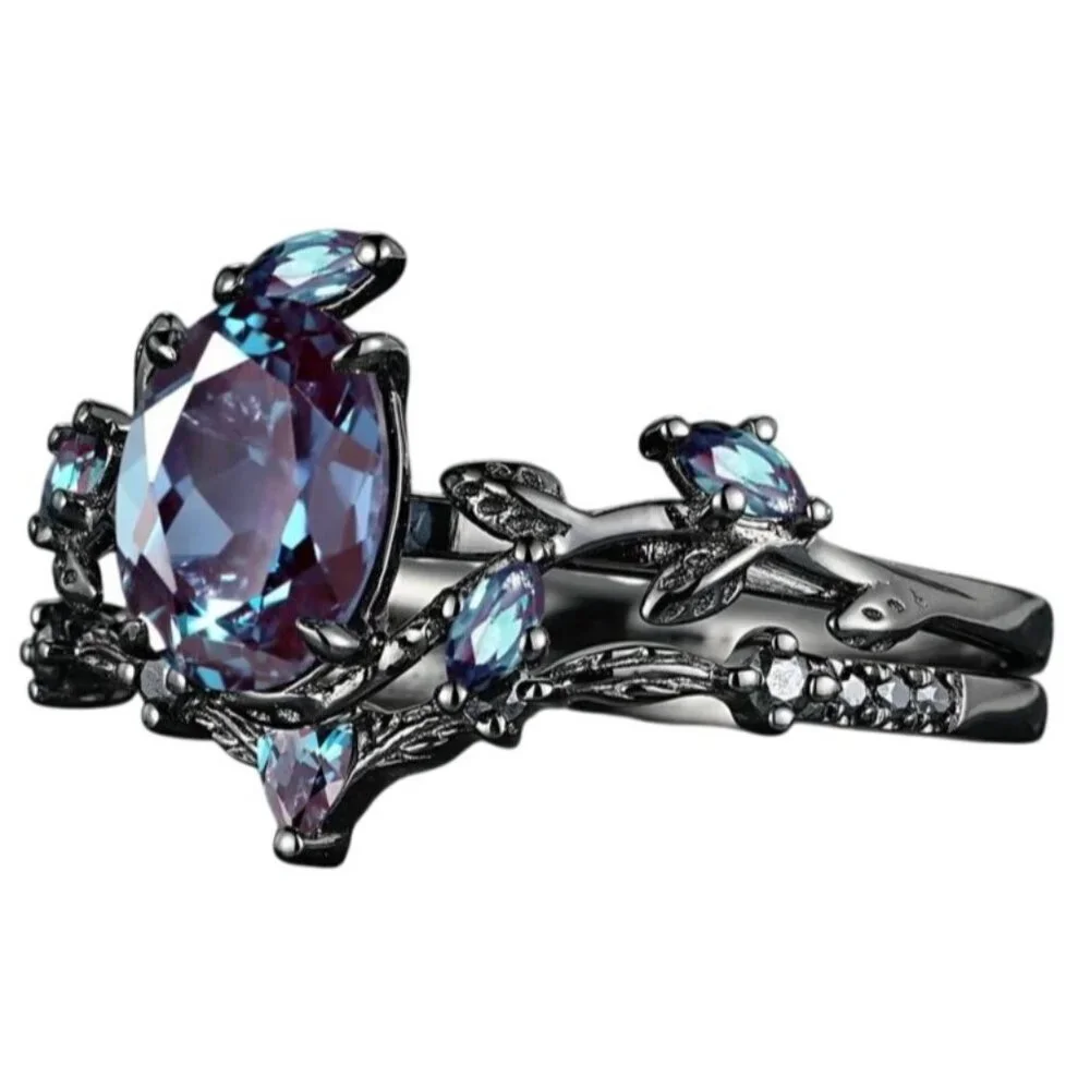 Pear Cut Alexandrite & Moissanite 2 piece Bridal Wedding engagement ring Rhodium